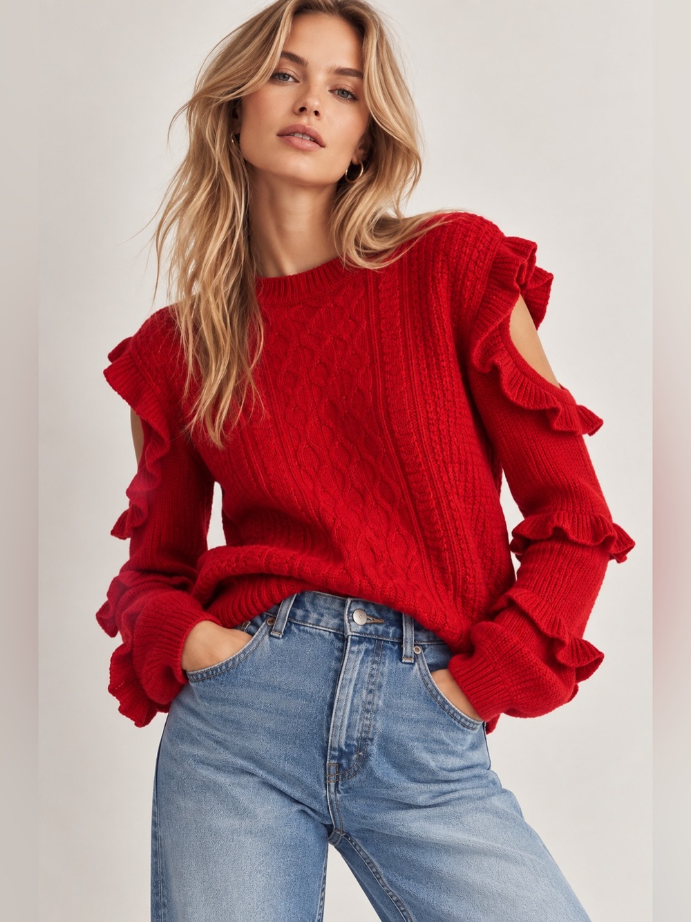 Express Red Ruffled Cold-Shoulder Cable Knit Sweater Size XS